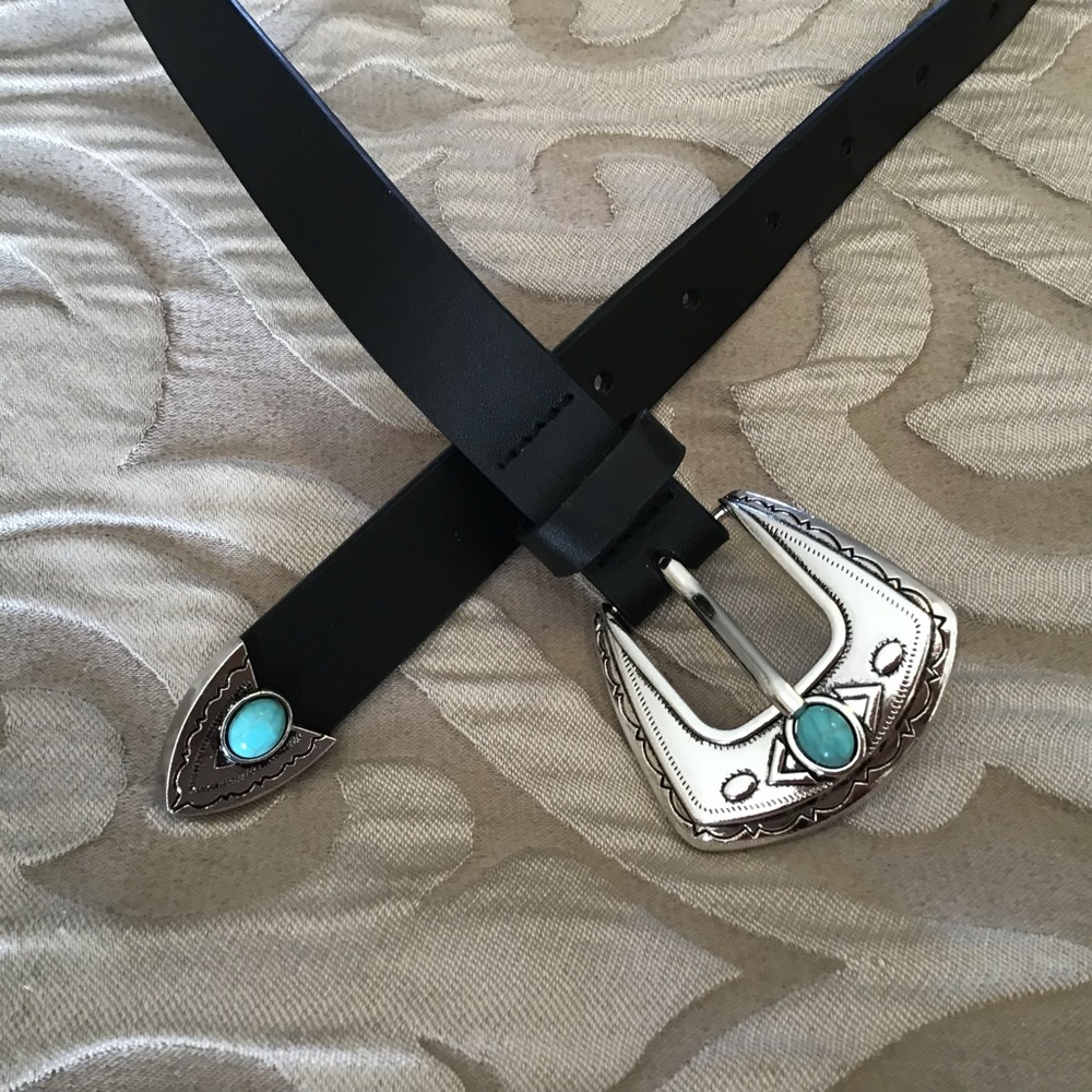 Black Leather Belt with Silver Buckle - Picture 2 of 6